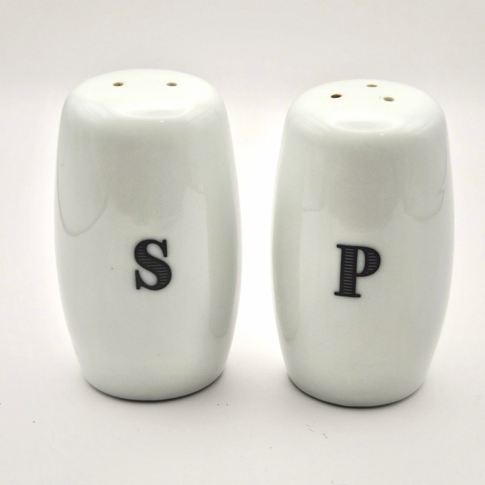 Anthropologie Salt & Pepper set in warm white with bold S and P classic script